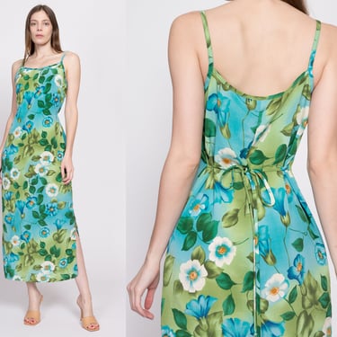 90s Blue & Green Floral Sundress - Small to Medium | Vintage Spaghetti Strap Tie Back Boho Side Slit Maxi Dress 