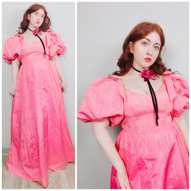 1980s Vintage Pink Taffeta Prom Dress / 80s / Bow Sleeve On / Off Shoulder Prince Maxi Dress / Size Medium 