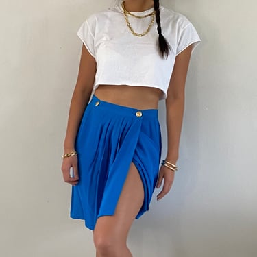 90s wrap skirt / vintage cerulean cobalt blue silky pleated wrap around wrap front mini skirt | 29 Waist 