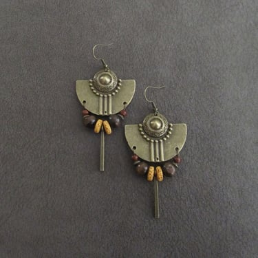 Bold tribal earrings, African earrings, Afrocentric earrings, antique bronze boho earrings, earth toned earrings, ethnic chandelier yellow 