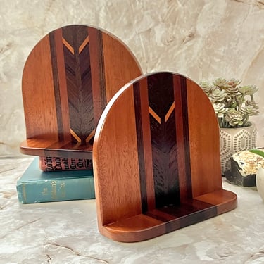 Inlaid Wood Bookends, Art Deco Design, Mid Century Home Decor, Vintage, Office, Library, Book Lover 