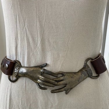 Vintage Clasping Hands Victorian Revival 1970s Georges Mailian Leather Belt Sz L 