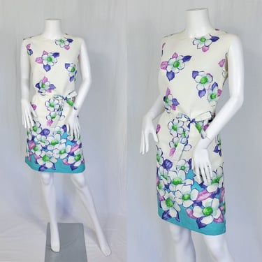 1960's White Blue Floral Print Short Poly Crepe Shift Dress I Sz Med I Scooter Dress I MOD I Tiki I MCM 