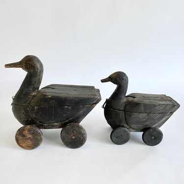 Rustic Wood Ducks on Wheels Hand-Carved 