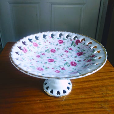 VINTAGE Lefton Rose Chintz Reticulated Compote Dish, Home Decor 