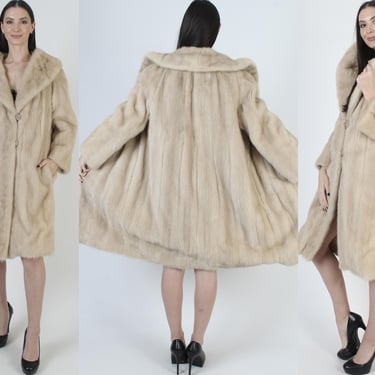 Blonde Mink Princess Coat, Vintage Real Fur Collar Jacket, Womens 60s Button Up Swing Overcoat 