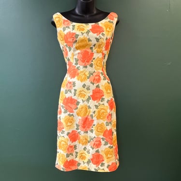 yellow roses shift dress 1960s floral summer frock small 