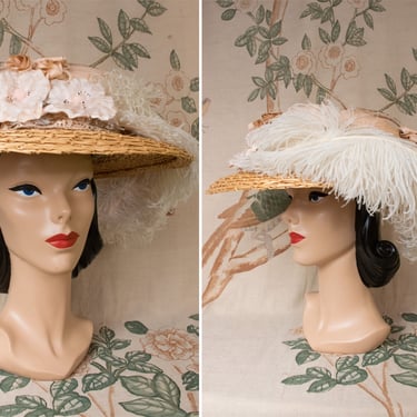 Handmade Reproduction Hat - Gorgeous Homemade 1900s Style Gibson Era Glamour Hat in Straw and Silk with Ostrich Plume 