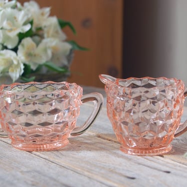 Vintage pink Depression Glass creamer & sugar bowl / Jeanette Glass diamond optic cubed pattern / vintage cream and sugar set 