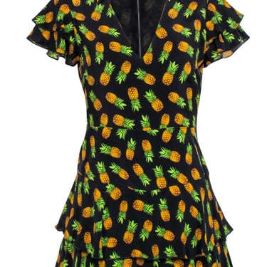 Alice &amp; Olivia - Black Short Sleeve Pineapple Print Ruffle Skort Dress Sz 4