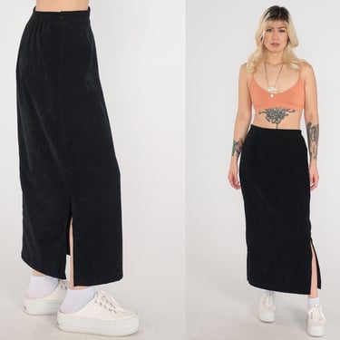 Black Velour Maxi Skirt 90s Boho Long Column Skirt Side Slit High Waisted Hippie Bohemian Party Vintage 1990s Clio Small Medium Large 