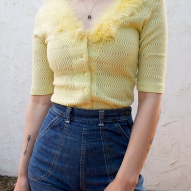 Vintage 90's Betsey Johnson Yellow Feather Collar Button-up Cardigan Blouse 