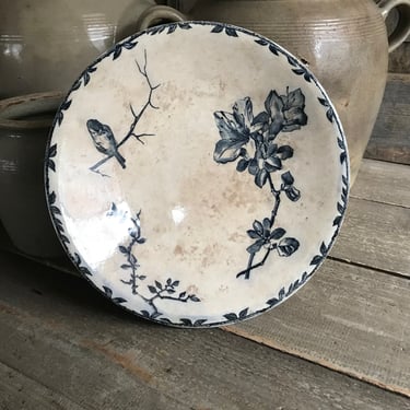 French Faïence Compote, Indigo, Ironstone, Floral Bird Pattern, Fruit Bowl, Pedestal, Tea Stained 