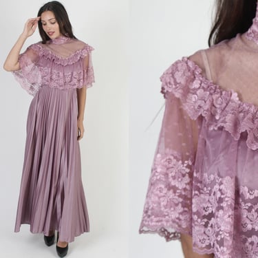 Long Violet Grecian Goddess Dress / Vintage 70s Victorian Lace Capelet / Sheer Floral Gothic Medieval Maxi 