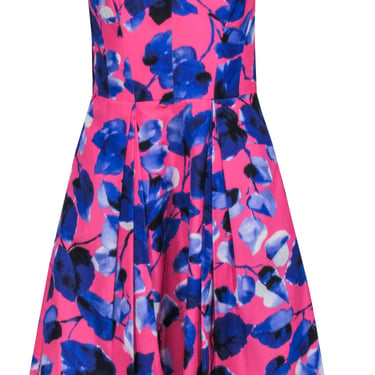 Milly - Hot Pink Strapless Dress w/ Blue Floral Print Sz 6