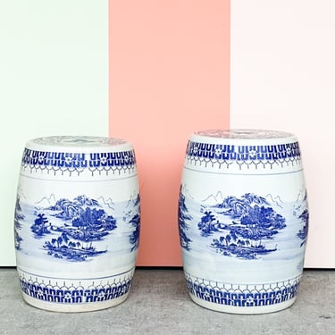 Pair of Blue and White Garden Stools