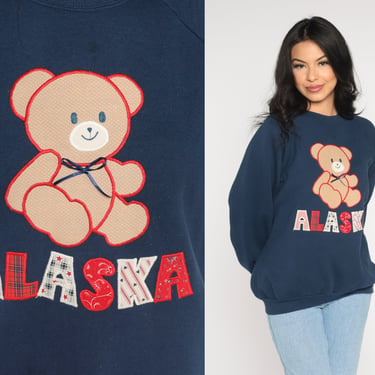 Alaska Sweatshirt 90s Patchwork Teddy Bear Sweater Retro Graphic Kawaii Grandma Cute Raglan Sleeve Navy Blue Vintage 1990s Extra Large xl 