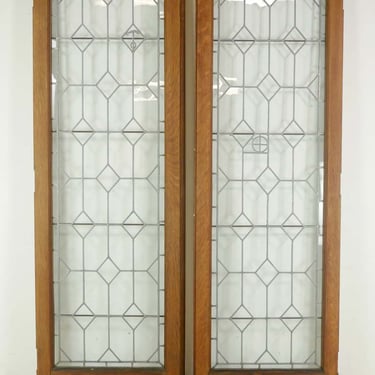 Vintage Clear Leaded Glass Oak Double Doors 83.5 x 54.75 in.