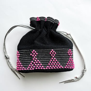 1940s Black & Pink Crochet Drawstring Bag | 40s Pink Beaded Crochet Purse 