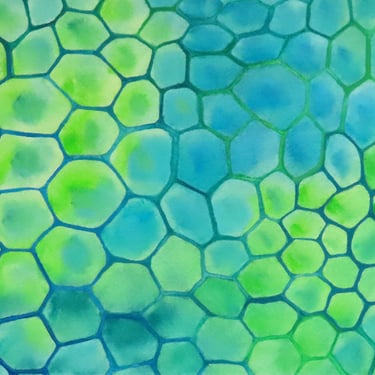 Cells in Blue and Green  - original watercolor painting - biology art 
