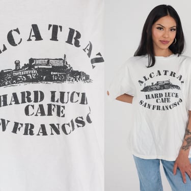 Alcatraz T-Shirt 90s San Francisco Shirt Hard Luck Cafe Graphic Tee SF California Tshirt San Fran Retro Tourist White Vintage 1990s Large L 