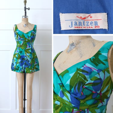 volup vintage 1960s Jantzen swimsuit / playsuit • mod blue & green tropical floral one-piece 