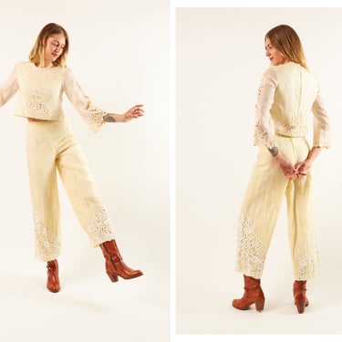 Vintage 1960s 60s Buttercream Cropped Blouse High Waisted Flared Pant Set Two Piece w/ Eyelet Floral Detail // Hippy Folk Boho 