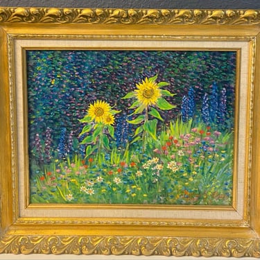 Stunning Impressionist oil Painting on Canvas of Sunflowers and Wildflowers. Original oil Painting Signed and Dated George J. Bleich \ 1992 