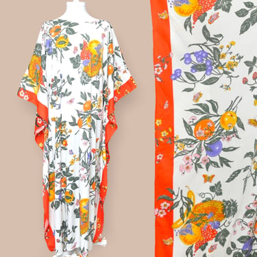 Vintage Fruit Print Kaftan Dress 70’s Loungewear Lemons Oranges Grapes Free Size Tunic Dress 