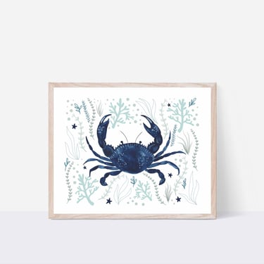 Blue Crab Watercolor Art Print/ 8 X 10 Sea Life Ocean Illustration/ Nautical Wall Art/ Beach House Decor 