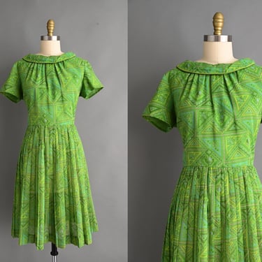 vintage 1960s Dress | R&K Green Paisley Print Cotton MCM Dress | Large XL 