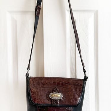 Authentic Brighton Crossbody Bag Purse, Vintage 1990's Brown Black Real Leather Crocodile Bucket Shoulder Cross body Bag 