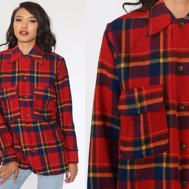 Wool Plaid Shirt 70s Red Shirt Button Up Long Sleeve Checkered 1970s Boyfriend Shirt Medium Large 