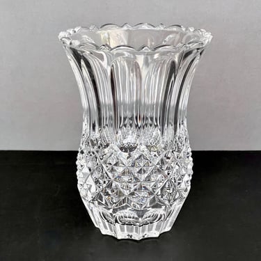 Vintage Longchamp 6" Vase by Cristal D'Arques Crafted in France Blown Glass Cut Vertical & Criss-Cross Design Scalloped Border Rim 