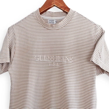striped Guess shirt / vintage striped shirt / 1980s Guess Jeans USA tan striped cotton t shirt XS 