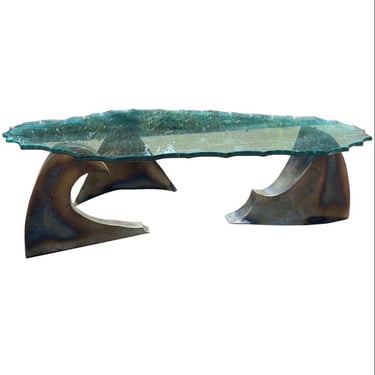 1970’s Brutalist Sculpted Glass and Steel Coffee Table
