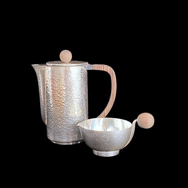 Vintage Art Deco Modernist Silver-Plated Teapot and Creamer with Hammered Design & Wood Handle and Ball Handle and Lid 