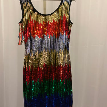 Deadstock Vintage SWEELO dress, sequin dress, rainbow cocktail dress, rainbow party dress size small 