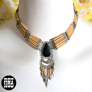 Vintage 70s Tribal Vibes Boho Necklace with Black Teardrop Stone & Fringe 