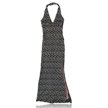 1990s Frederick's of Hollywood Leopard Print Halter Maxi Dress // Side Slit // Size 4 