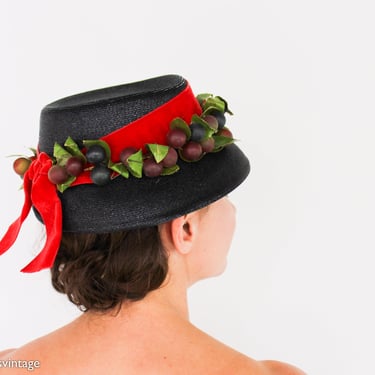 1950s Black Straw Fruit Hat | 50s Black Woven Straw & Grapes Hat | Marcee Modes 