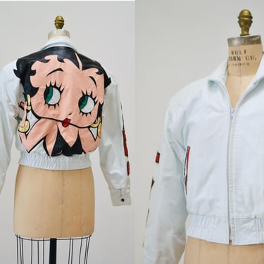 80s 90s Vintage Leather Jacket Betty Boop Small Medium Vintage White Leather Bomber Jacket with Betty Boop Comics Pop Art Leather By Maziar 