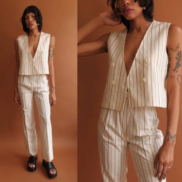 Vintage 70s Two Piece White Pinstripe Set/ 1970s Vest Pant Suit/ Size Small 