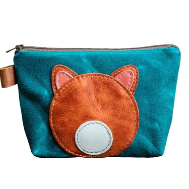 Leather Applique | Handmade Waxed Canvas Zipper Pouch | ORANGE CAT | Critter Collection 