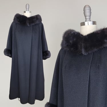 1960s Swing Coat / Black Mink / Black Wool Coat / Fur Trimmed Coat / Size Medium - Large 