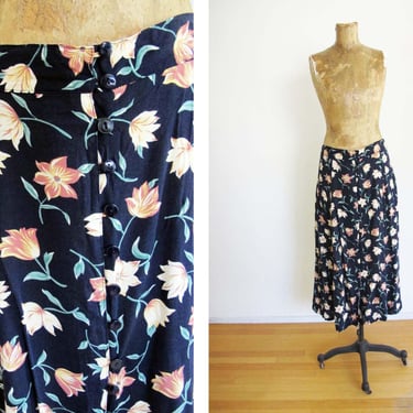 Vintage 90s Grunge Floral Button Front Midi Skirt L 32 Waist - 1990s Black Yellow Rayon Flower Print Romantic Cottage Skirt 