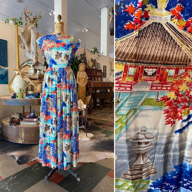 1940s maxi dress, asian print, vintage 40s dress, novelty print, tiki style, pagoda, bright floral rayon, Hawaiian, vlv, rockabilly, island 
