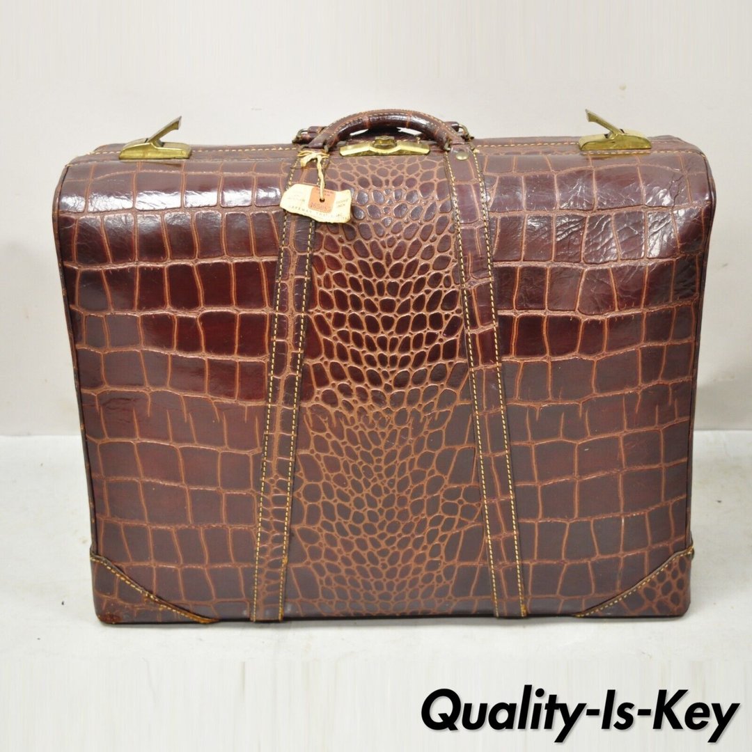 Vintage Burgundy Leather Alligator Embossed Large Suitcase Luggage Bag