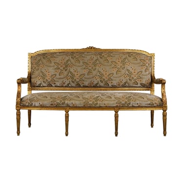 19th Century French Louis XVI Style Gilded Settee W/ Green Floral Velvet 