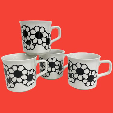 Vintage Johnson Brothers Mugs Retro 1960s Mid Century Modern + Cordova + Black Daisy Flowers + White Porcelain +  Set of 4 Kitchen + England 